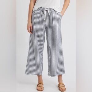 Caslon Wide Leg Linen Blend Black White Stripe Pull On Drawstring Pants Size S